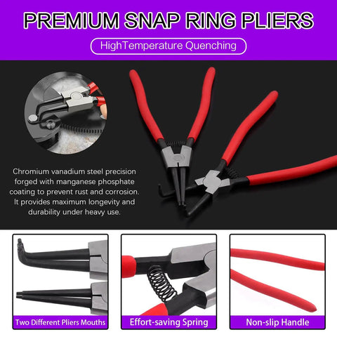 13 Inch Snap Ring Pliers Kit With Pick And Hook Set, Heavy Duty Internal External Circlip Oil Seal Pliers, red handles, close-up view.
