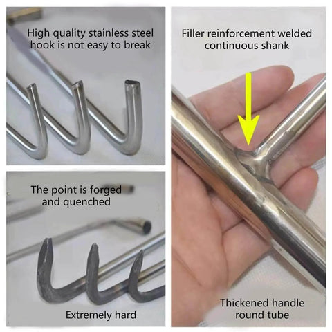 Close-up of stainless steel versatile manhole hook tool T shape grip, welded shank, and hardened tips for manhole covers