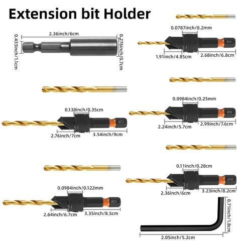Pro Grade HSS Adjustable Countersink Drill Bits Set For Woodworking With Magnetic Extension And Storage Box 12 Piece Including Sizes 4 6 8 10 12 By YQANDL, showing bits and extension holder with dimensions.