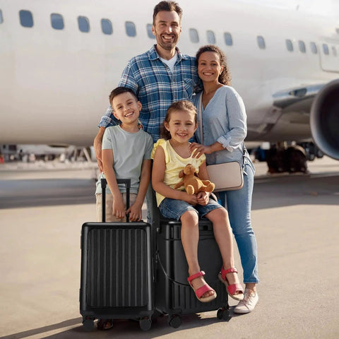 Family with Kids Ride On Luggage With Built In Seat 20 Inch Aluminum Frame Travel Case With Spinner Wheels And Locks Black at airport