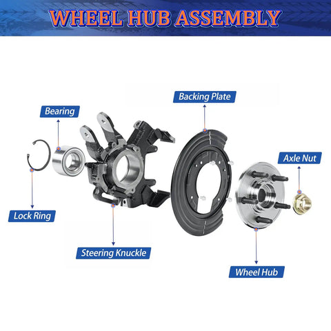 Exploded view of wheel hub assembly parts including lock ring, bearing, steering knuckle, backing plate, axle nut.