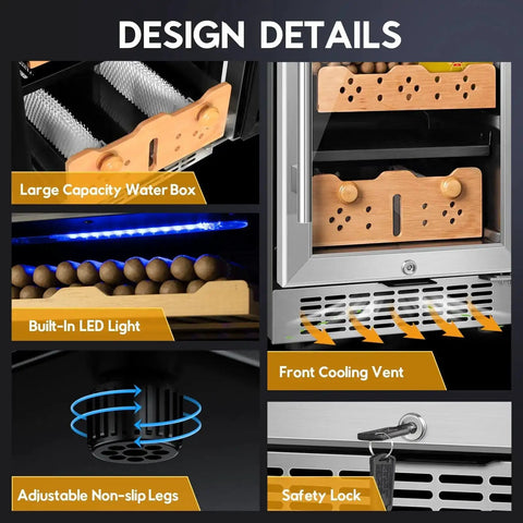 Design details of Premium Cigar Humidor Cabinet with Humidity and Temperature Control, 88L capacity and 640 cigars, Spanish cedar drawers.