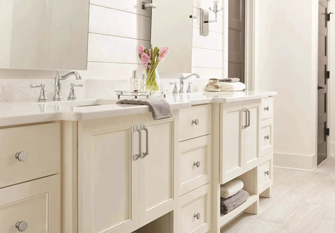 Satin Nickel Exceed Transitional Cabinet Pull Five And One Sixteenth Inch Center To Center in a modern bathroom setting