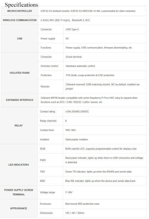 Specifications table for Beefed-Up 6 Channel ESP32 S3 WiFi Relay Module showing features like USB Type C, RS485, optocoupler protection.