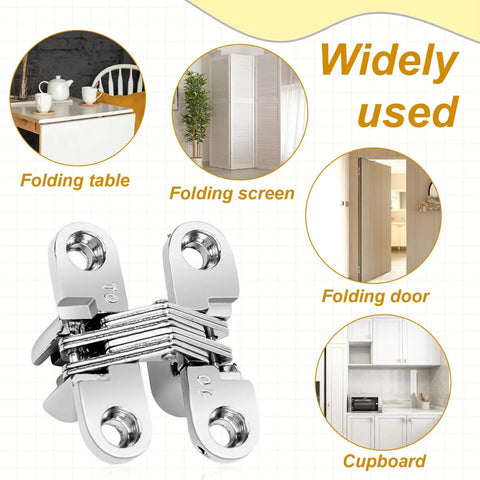 Close-up of 4 Pack Stainless Steel Invisible Hinges For Doors And Cabinets With 180 Degree Hidden Cross And Swing Hinges And Included Screws