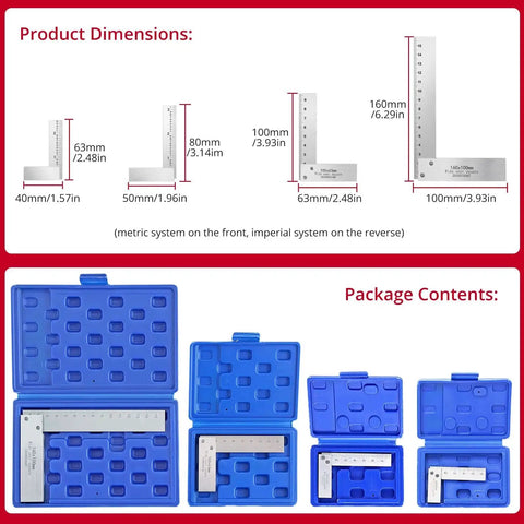 Pro Grade Machinist Square Set 2 3 4 6 Inch Right Angle Squares For Precision Layout And Measurement With Hardened Steel Construction Built To Endure Tough Workshop Conditions Ideal For Metalworking Carpentry And DIY Projects By XUNTOP shown with dimensions and blue storage cases