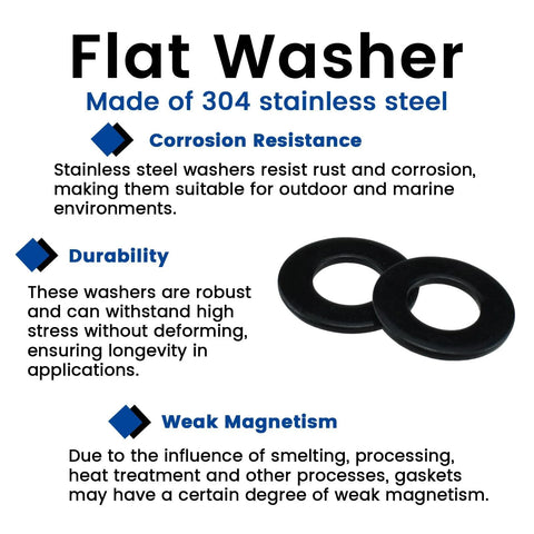 Flat washers, black 304 stainless steel, two washers shown for screws and bolts.