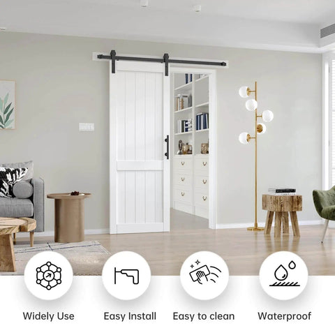 White Barn Door 30x84 Inches With 5.5 Ft Sliding Door Hardware Track Kit Included, installed in modern living room