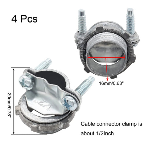 Kyuionty 4 pcs 1/2 in clamp-type zinc cable connectors for metallic conduit.