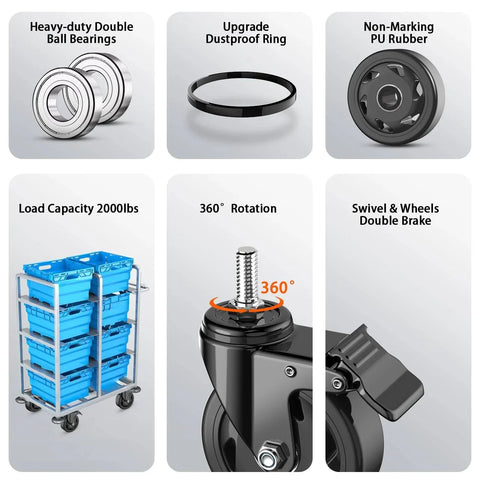 Features of 4 Inch Stem Casters Set Of 4 Heavy Duty Swivel Castors With Three Eighths Inch Diameter Threaded Stem and Load Up to 2000 lbs