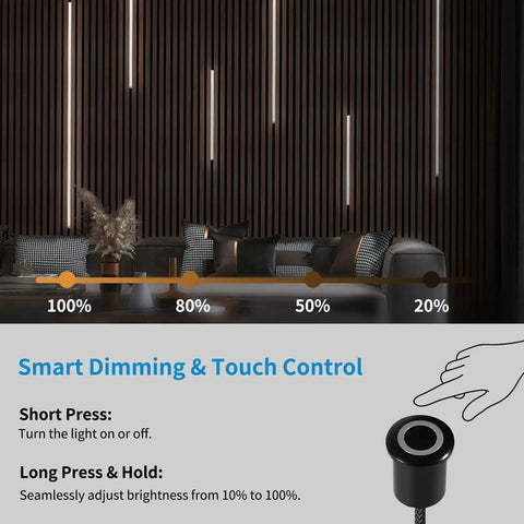 Smart dimming and touch control for 6 Piece Self Adhesive LED Recessed Lighting Kit with wood slat wall panel installation.