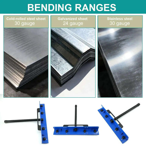 Bending ranges for 15.25 inch sheet metal hemming and bending tool for roofing panels and HVAC duct fabrication with rulers.
