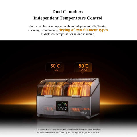 Filament Dryer For 3D Printing With 360 Degree Hot Air Circulation, Desiccant Regeneration And Auto Dehumidification, dual temperature chambers shown