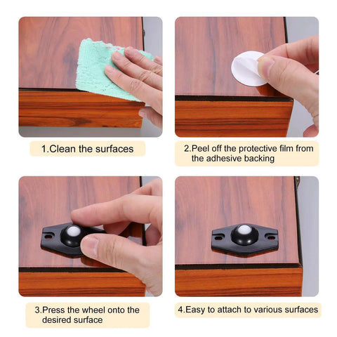 Instructions for installing 24 Pack Self Adhesive Caster Wheels Mini Swivel Rollers With 360 Degree Rotation for Furniture Bins and Baskets