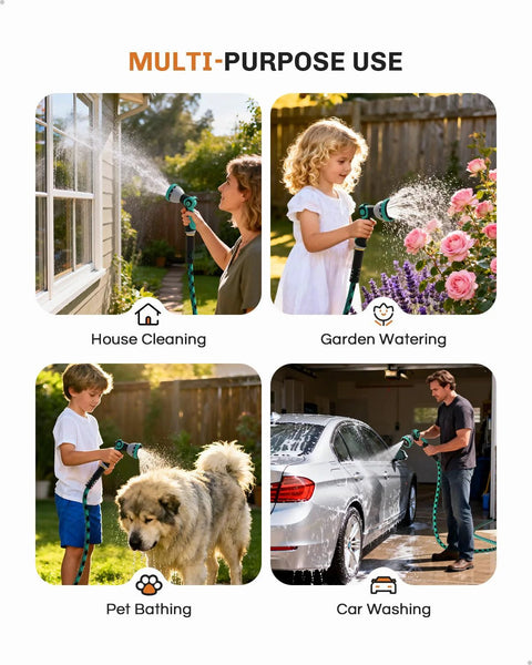 WELLUCK 50 ft garden hose with 10-function sprayer; four uses: house cleaning, garden watering, pet bathing, car washing.