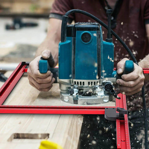 Person using blue router with Juice Groove Router Jig For Cutting Boards Pro Grade Adjustable Router Guide Frame With Rails