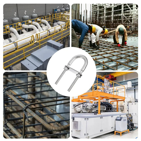 Stainless Steel 304 U Shaped Bolt M6x90 with nut and washer for marine and trailer fastening, shown in industrial settings.