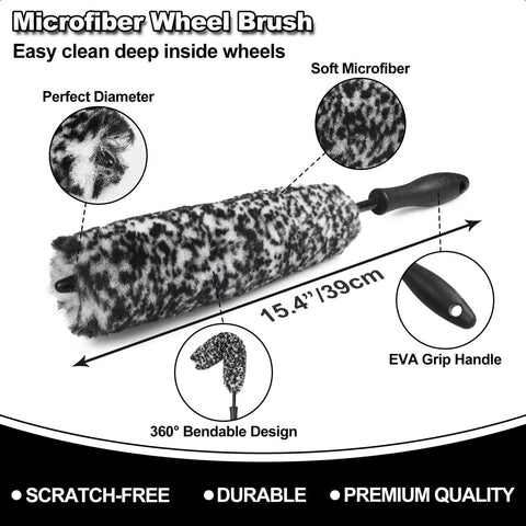 7 Piece Car Wheel Brush Kit With Soft Bristle Rim Cleaners Microfiber brush, 15.4-inch, soft microfiber, EVA grip, bendable design.