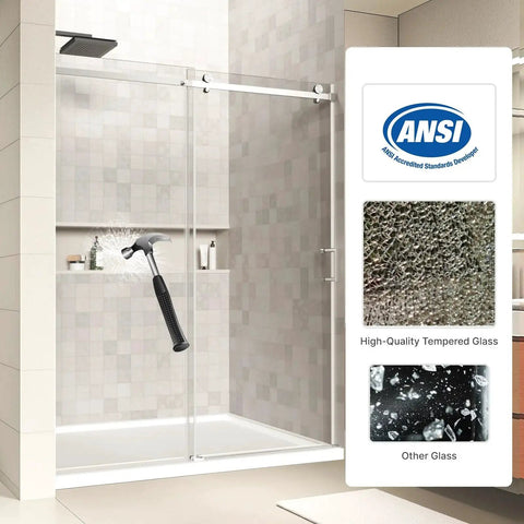 Frameless Sliding Shower Door 48x72 Inches With 1/4 Inch Tempered Glass, Heavy-Duty 304 Stainless Steel Hardware, adjustable width