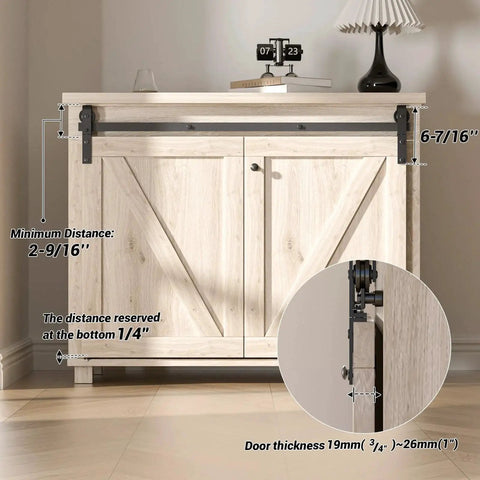 Installed 36 Inch Mini Bifold Barn Door Hardware Kit for Closet and Cabinet Sliding Track System on wooden cabinet with black frosted finish rails.