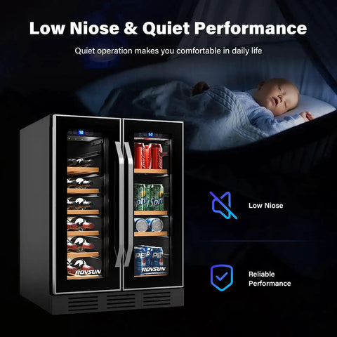 34 Bottle Dual Zone Wine And Beverage Fridge With Independent Temperature Control and LED panel beside sleeping baby.