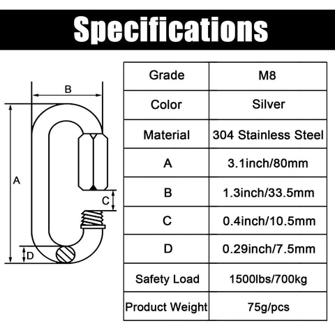 Specifications for Two Pack M8 5 16 Inch Heavy Duty Stainless Steel Quick Link Carabiners D Shape Chain Links