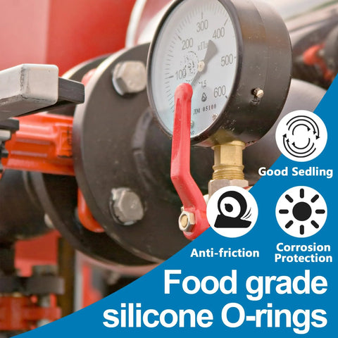 ZDBB 32 O-ring kit, food-grade silicone seals; close-up of plumbing gauge with red valve handle