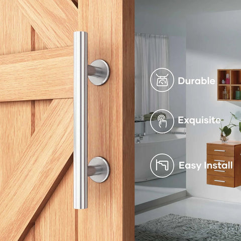12 Inch Stainless Steel Sliding Barn Door Handles And Pulls Set With Flush Mount Hardware, attached on a wooden door
