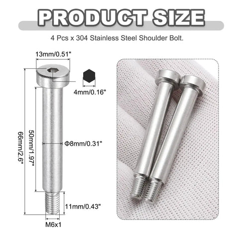 Four Pack 304 Stainless Steel Shoulder Bolts 8mm Shoulder Diameter 50mm Shoulder Length M6x1 Thread Hex Socket Tough As Nails Hardware
