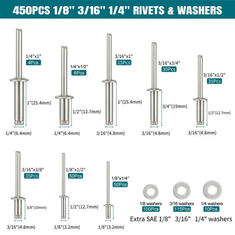 450 Piece 304 Stainless Steel Pop Rivets With Washers Kit, assorted SAE sizes for DIY home auto repairs, front view with measurements