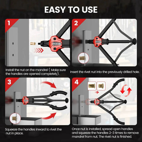 Step-by-step guide using Rivet Nut Tool Kit With 16 Inch Heavy Duty Rivet Nut Tool 12 Mandrels Metric And SAE 230 Nuts.