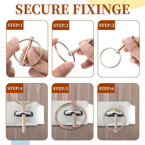 Step-by-step installation of Four Pack Quarter Inch Linch Pins Assortment Kit Heavy Duty Locking Shaft Pins for various equipment.