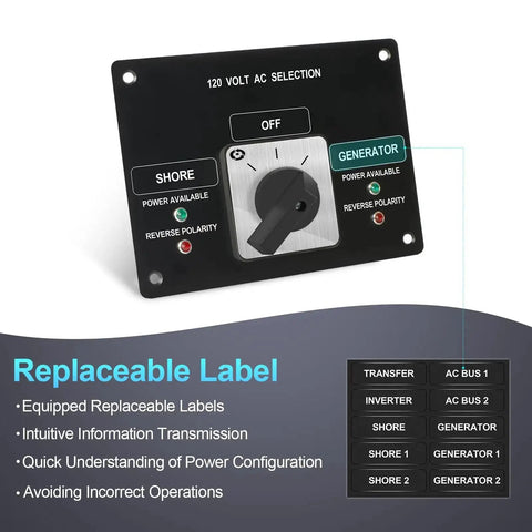 AC Rotary Selector Switch Panel 120V 30A Two Position With Reverse Polarity LED Indicator Light, replaceable label feature