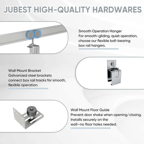 12 Foot Box Rail Exterior Barn Door Hardware Kit components, including smooth operation hanger, wall mount bracket, floor guide