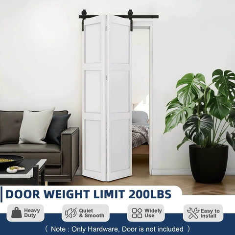 Heavy Duty Bi Fold Barn Door Hardware Kit For Double Doors 3 Foot Track System installed in living room entryway