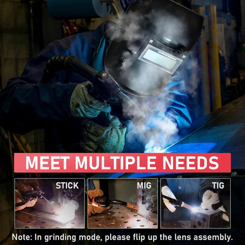 Welder using Auto Darkening 2x4 Welding Lens Shade 8-13 With True Color Blue Tech Filter Replacement in MIG mode