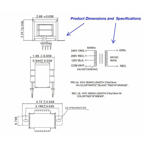 Technical diagram of Two Pack EI Isolation Transformer For HVAC Controls 120/208/240V Primary 24V Secondary 40 VA Class 2
