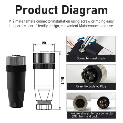 Product diagram of M12 4 Pin A Code Female Industrial Aviation Connector with screw terminal block and brass gold-plated plug.