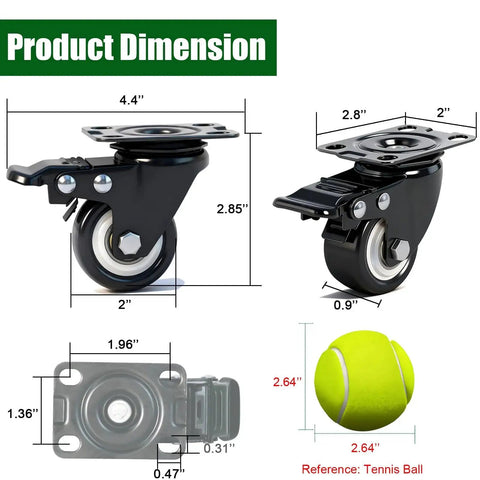 Product dimensions of 2 Inch Caster Wheels With Brake Heavy Duty Swivel Casters Set Of 4 Total Capacity 600 Lbs Industrial PU Wheels