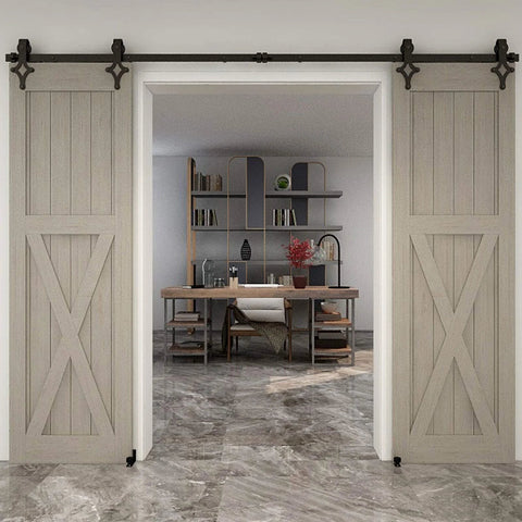 11 Ft Sliding Barn Door Hardware Track Kit With Floor Guide Heavy Duty Built To Last Construction Smooth And Quiet Operation Fits Double Doors Up To 33 Inches Wide Frosted Black Steel Rail System installed on double wooden doors