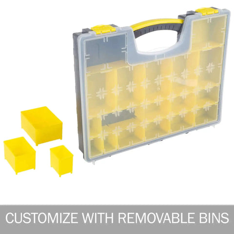 Set Of Four Plastic Clear Top Tool And Parts Organizer Box Set For Grab And Go Garage, Workshop, And Craft Room with bins