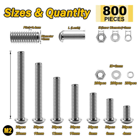 800 Piece M2 Screw And Nut Kit With Stainless Steel Bolts And Nuts Hex Socket Button Head Screws Flat And Spring Lock Washers