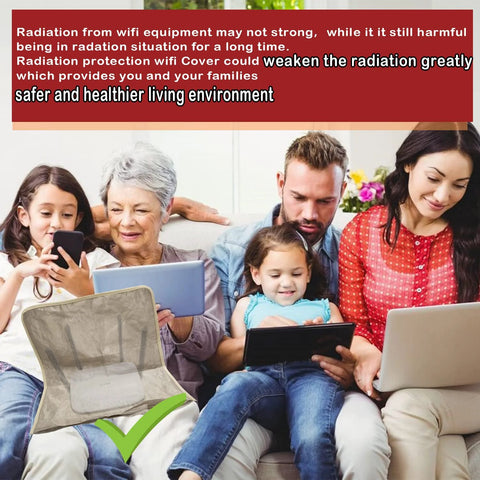 Beige mesh WiFi router cover in foreground; family on sofa using phone, tablet, and laptop.