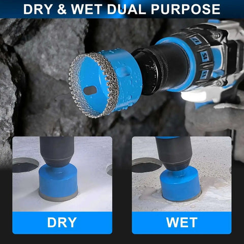 Diamond Hole Saw Drill Bit Kit 11 Piece Set Serrated Brazed Core Bits With EVA Guide Jig in use for dry and wet cutting