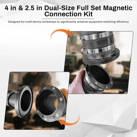 Upgraded Magnetic Dust Collection Fittings Kit For 4 Inch And 2.5 Inch Shop Vacuums shown with magnetic connectors and adapters.