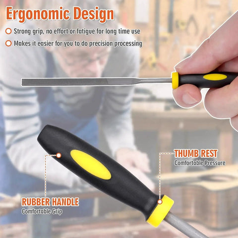 Pro Guitar Fret End Dressing File 2 Pack For Luthiers And DIYers ergonomic handle close-up in workshop setting by Xioysnil
