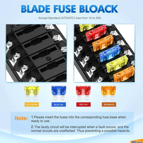 Six Way Fuse Block With Negative Bus And 12V Blade Fuse Holder For Auto Electrical Systems Includes ATC And ATO Style Fuse Box
