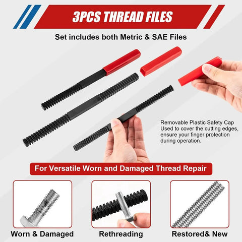 3 pcs thread files illustrating metric and SAE options with removable safety caps for worn and damaged thread repair.