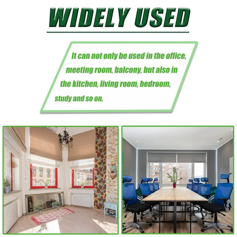 Rooms with roller shades using Beaded Chain Cord For Blinds 10 Meters Black Plastic Ball Chain With Connector Clips in living and meeting rooms.