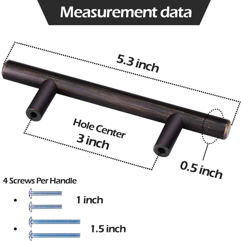30 Pack Solid Stainless Steel Cabinet Handles and Drawer Pulls With Oil Rubbed Bronze Finish 5.38 Inch Length measurement details